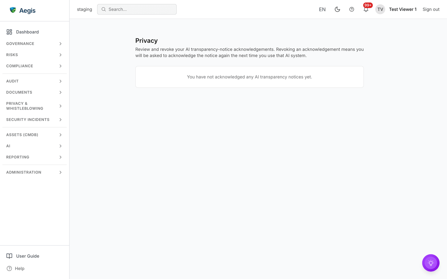 The privacy page listing AI transparency-notice acknowledgements, each with a revoke control — /account/privacy.