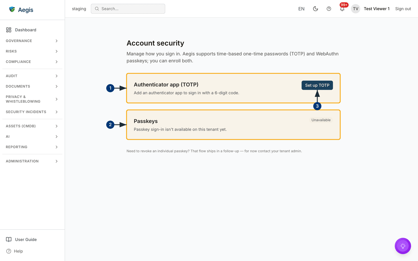 Account security: the TOTP and passkey cards, each stating its own status — /account/security.