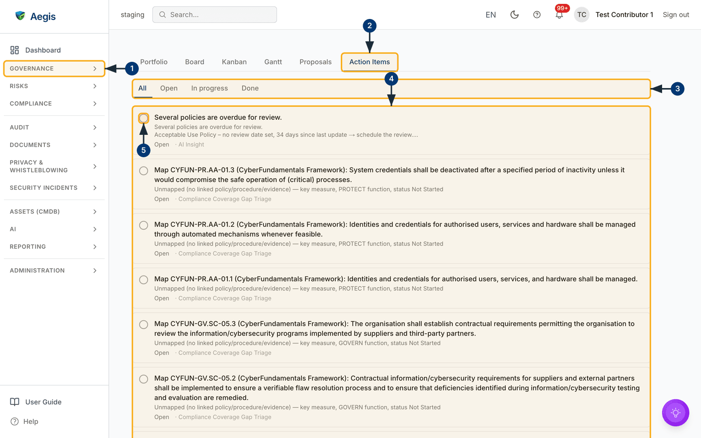 The Action Items tab of the Roadmap page as a Contributor — the Roadmap tab strip, the status filters, the card list, and the status circle that advances an item. /compliance/roadmap?tab=action-items.