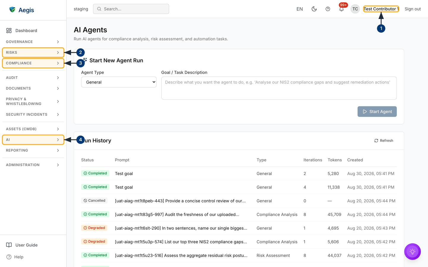 The AI Agents page — the new-run form above the run history table. /ai/agents.