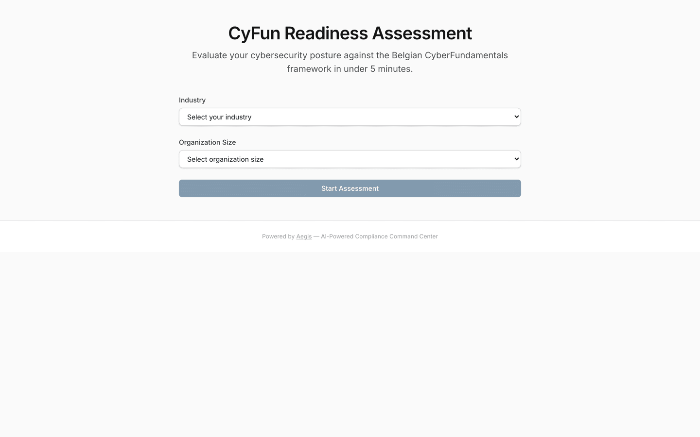 The public CyFun readiness assessment: no account needed — /assess/cyfun.