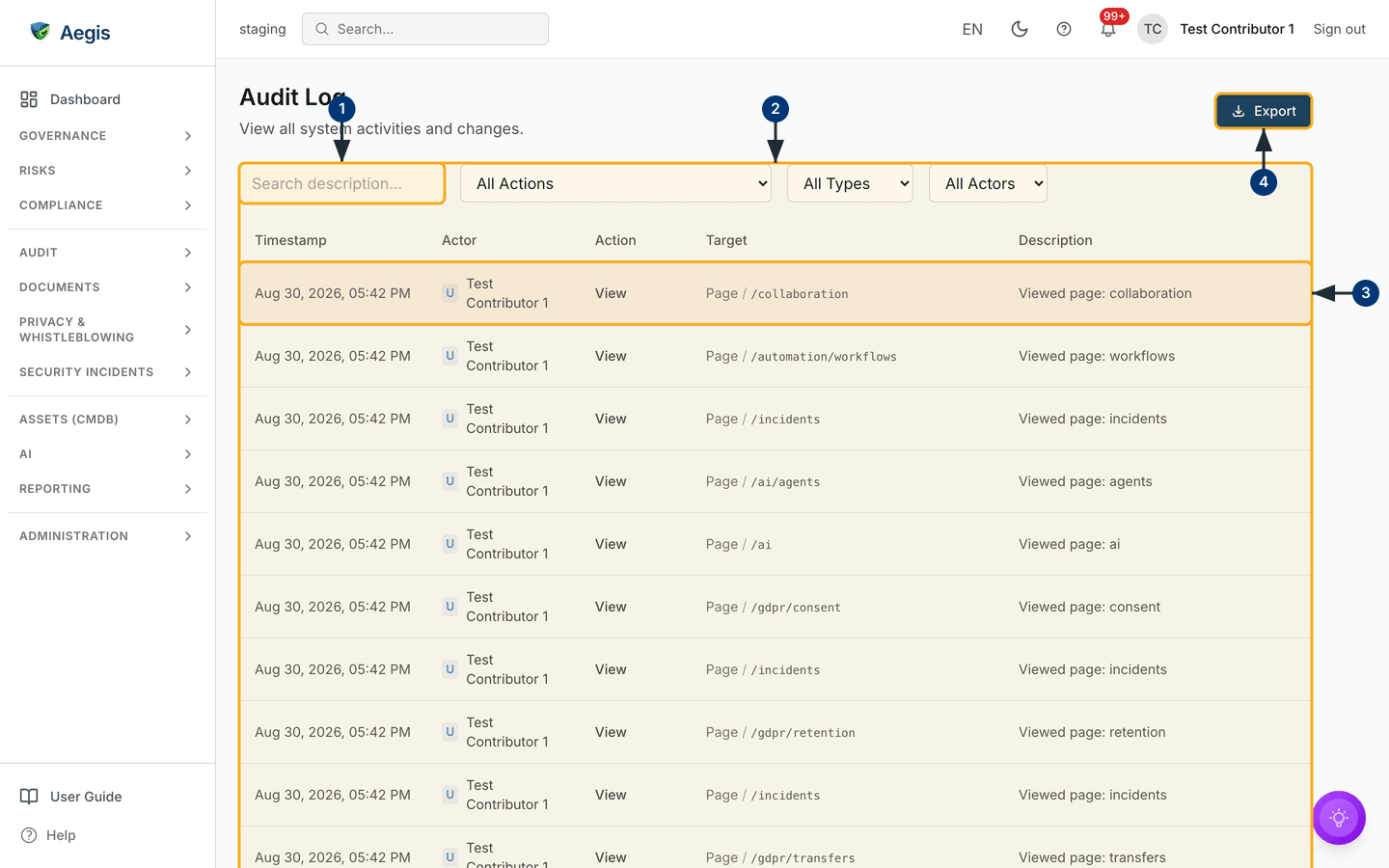 The audit log list with its search box, filters, activity table and Export button — /log.