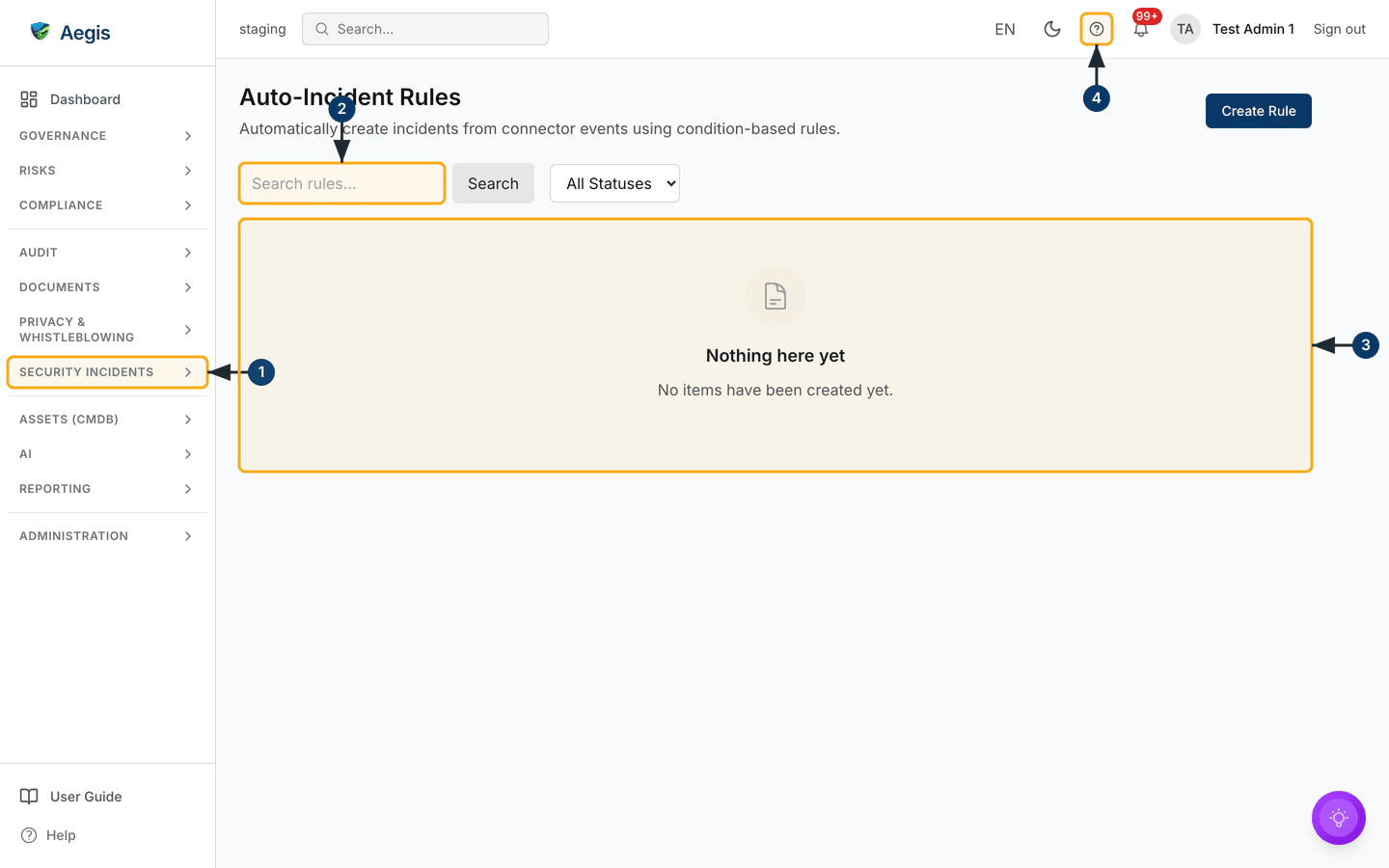 The Auto-Incident Rules list on a tenant with no rules yet — /incidents/auto-rules.