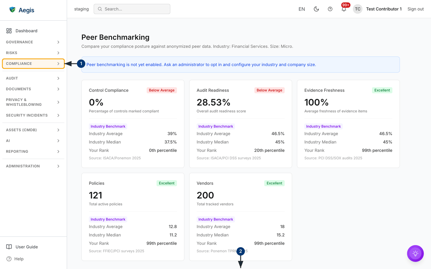 Peer benchmark cards with tier badges, percentiles and sources — /benchmarking.