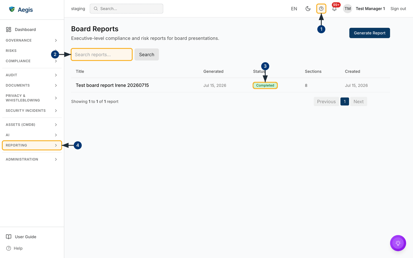 The board reports list with one completed, eight-section report — /board-reports.
