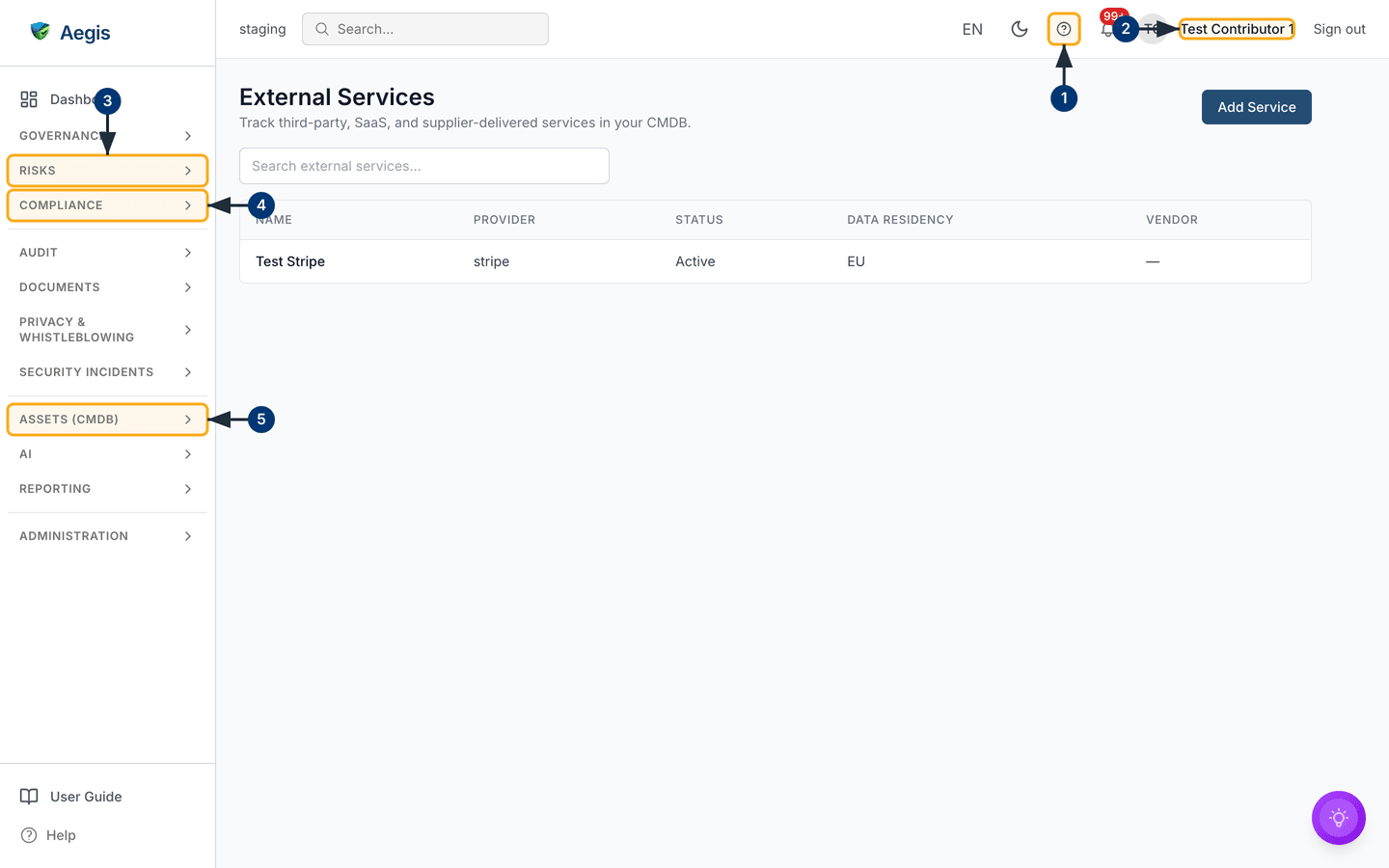 The External Services register with one service recorded, the search box and the Add Service button — /cmdb/external-services.