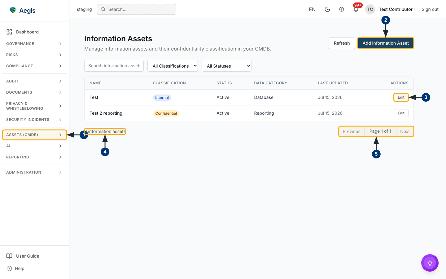 The Information Assets register with two seeded records — /cmdb/information.