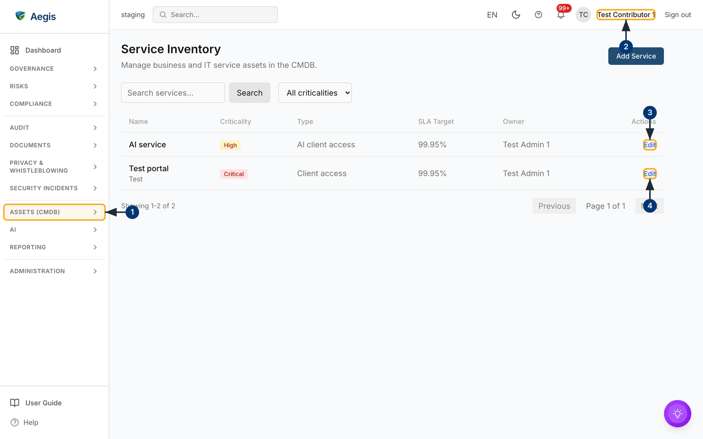 The Service Inventory with two services recorded, captured as a Contributor — /cmdb/services.