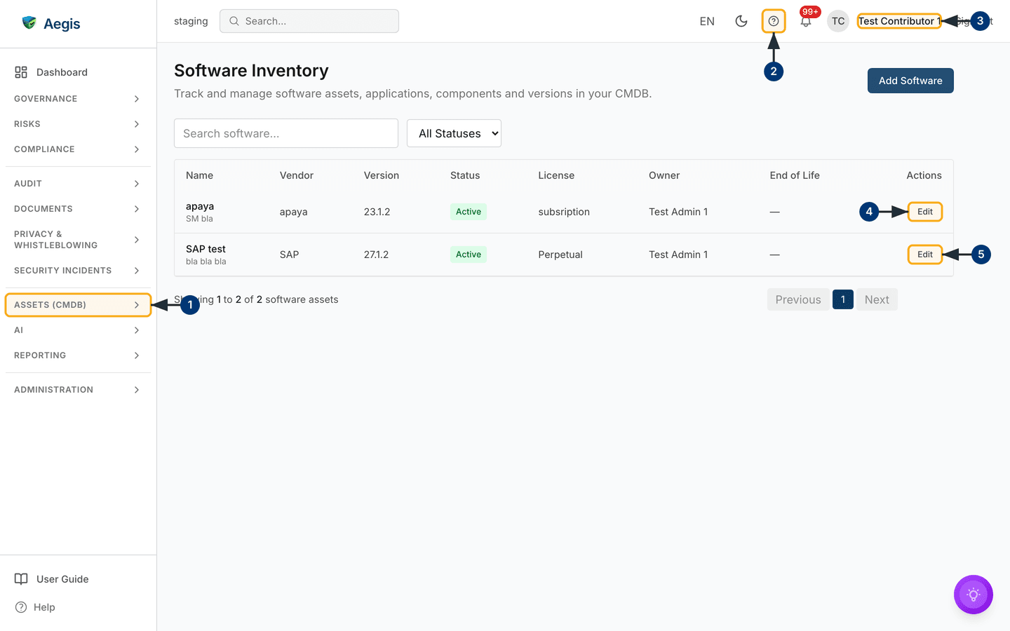 The Software Inventory with two recorded assets, the add action, the filter bar and the per-row Edit buttons — /cmdb/software.