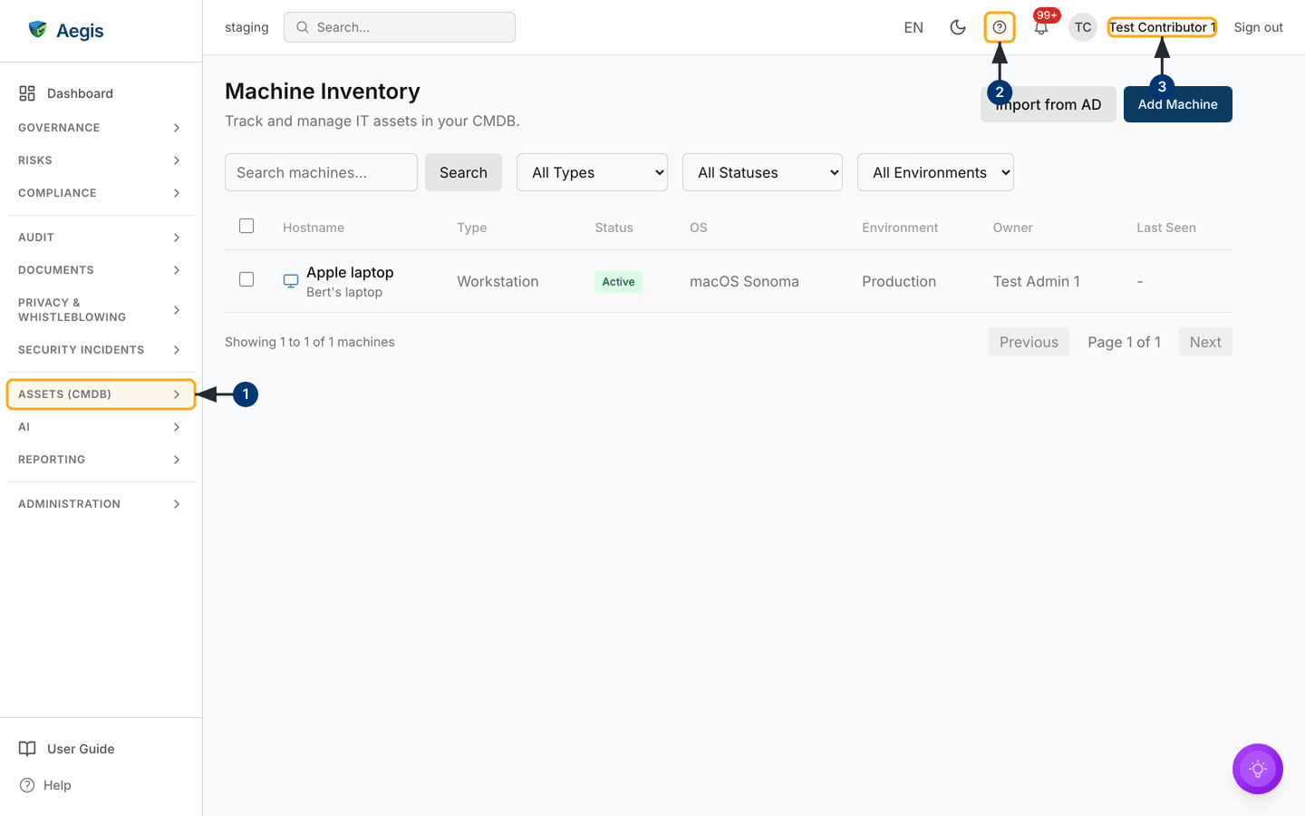 The Machine Inventory list, seen as a Contributor — /cmdb/machines.