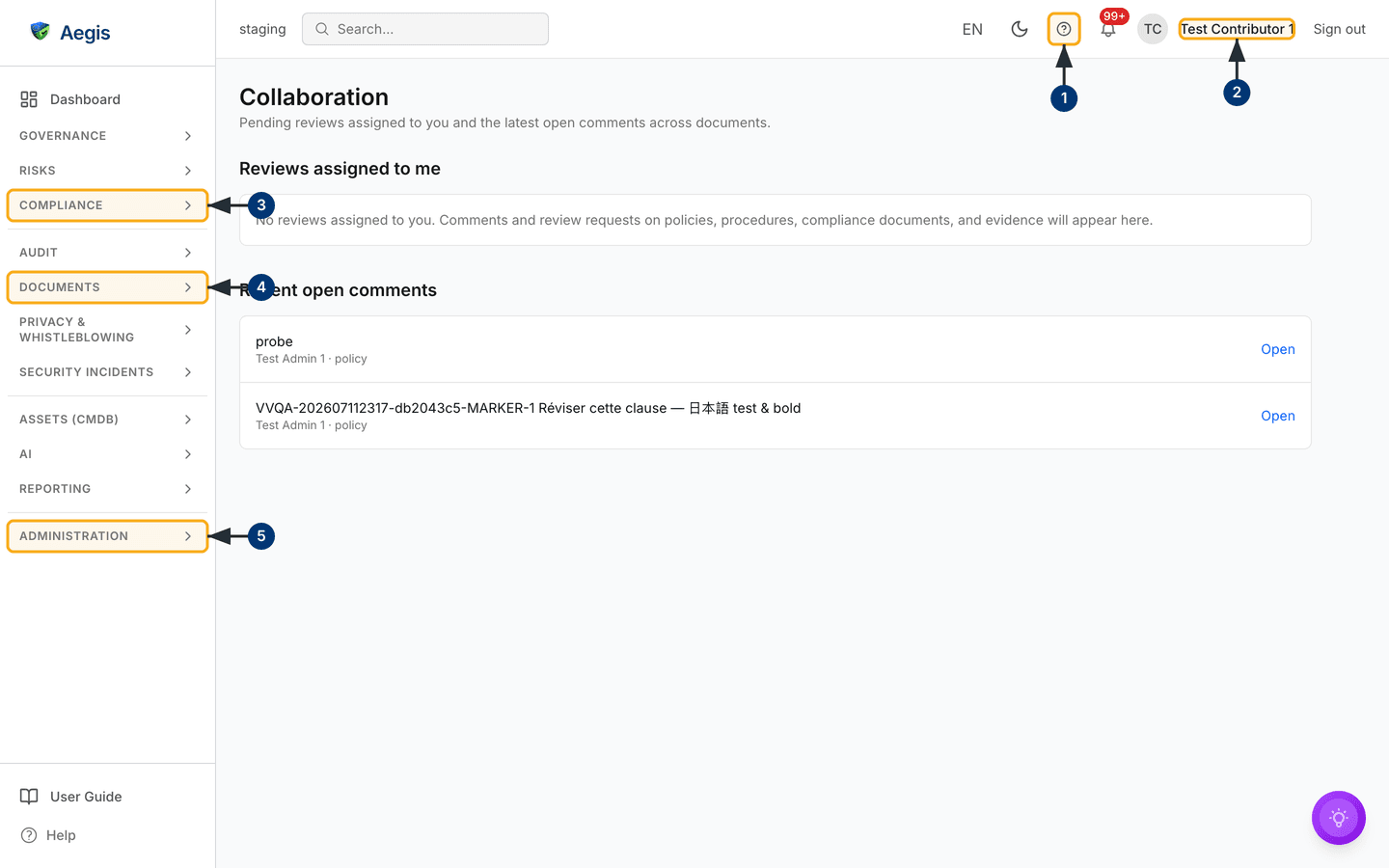 The Collaboration page as a Contributor sees it: an empty reviews section above two open comment rows, with callouts on the help link, the signed-in user and three sidebar groups — /collaboration.