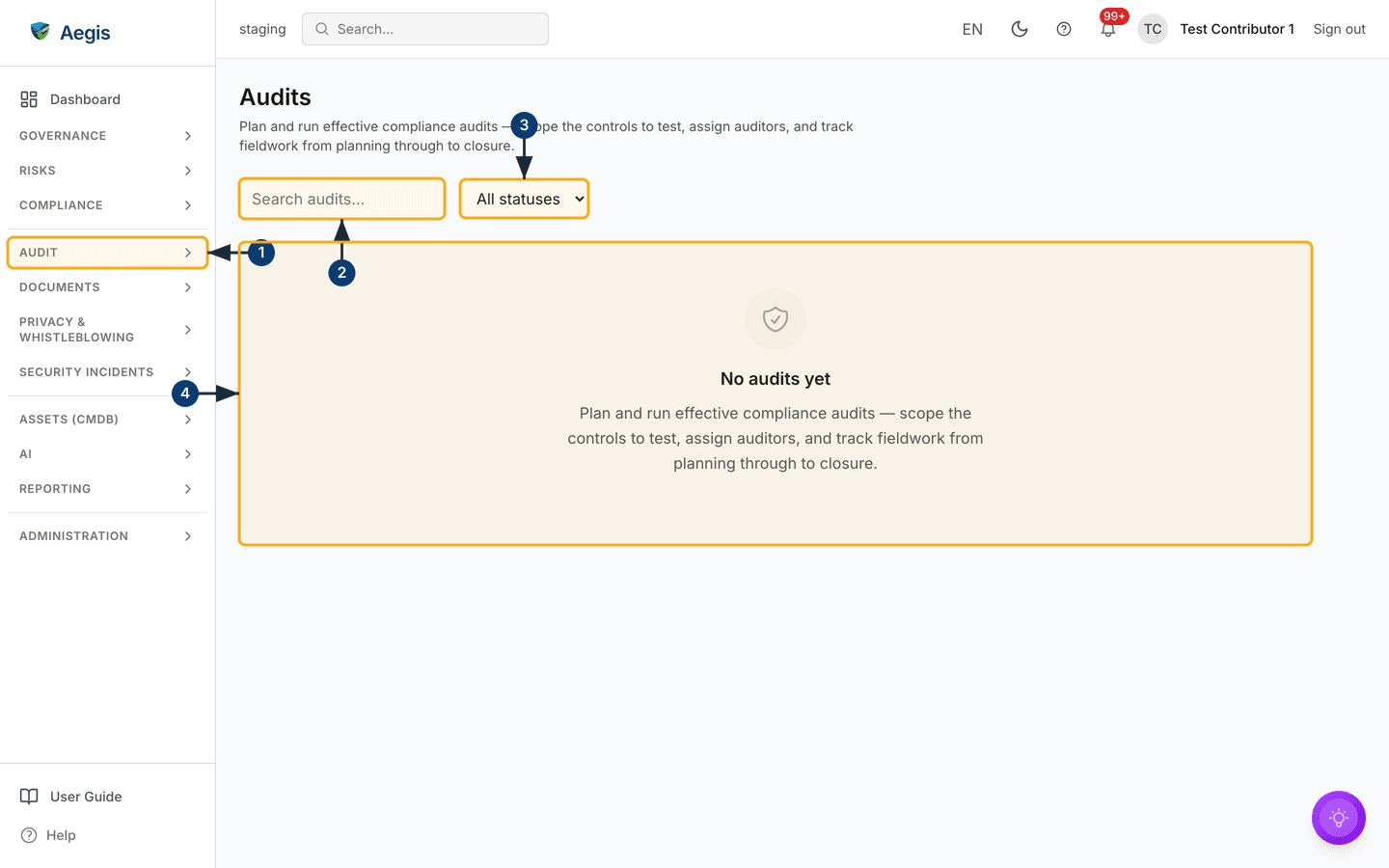 The Audits list as a Contributor, before any engagement exists — /compliance/audits.