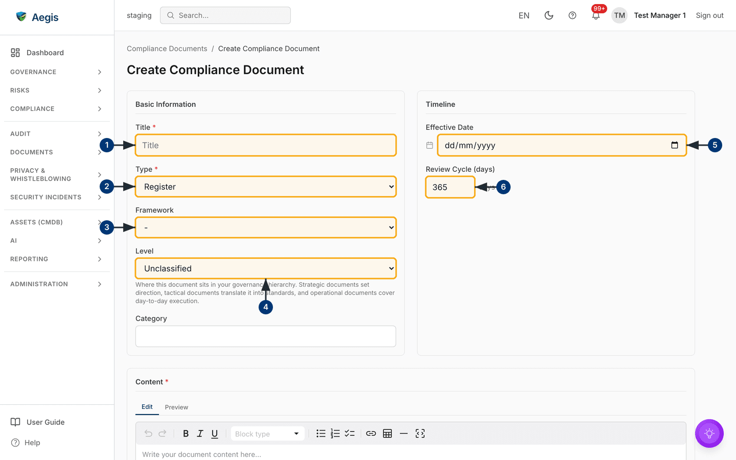 The full-page creation form — Basic Information and Timeline cards over the Content editor — /compliance-documents/new.