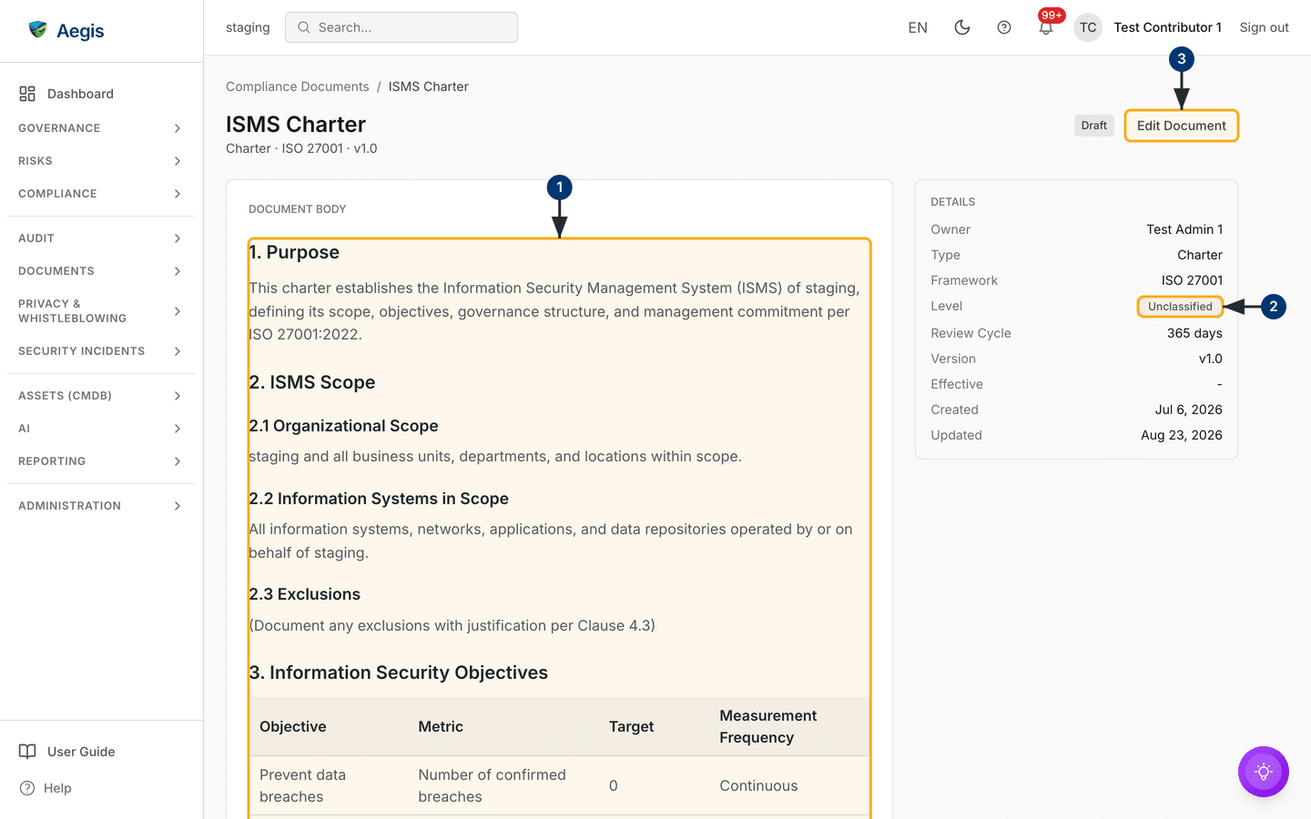 A compliance document detail page in reading mode — /compliance-documents/[id].