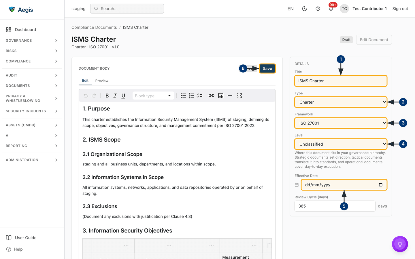 Editing in place — body editor on the left, DETAILS form on the right — /compliance-documents/[id].