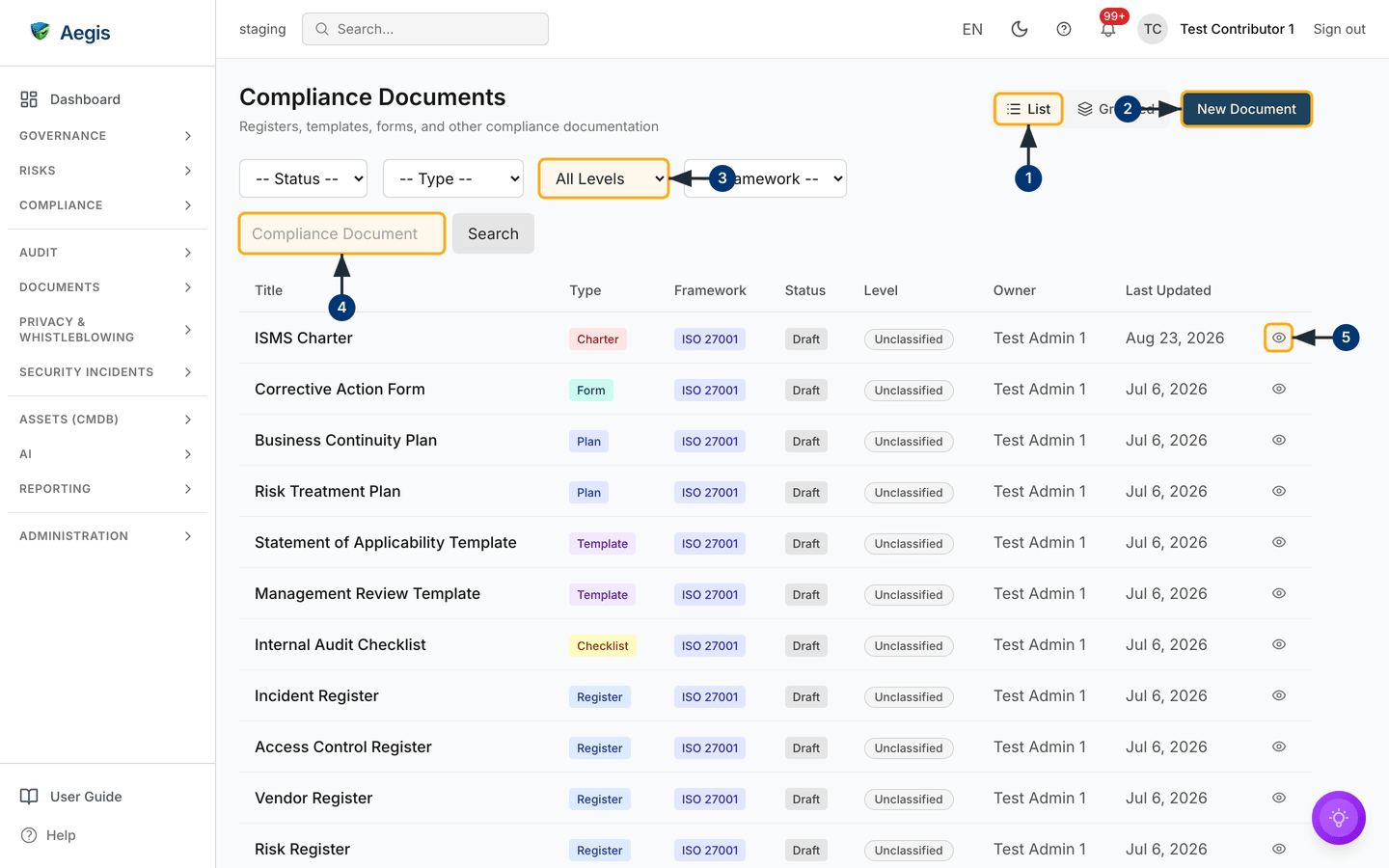 The compliance documents library in List view, seeded with an ISO 27001 set — /compliance-documents.