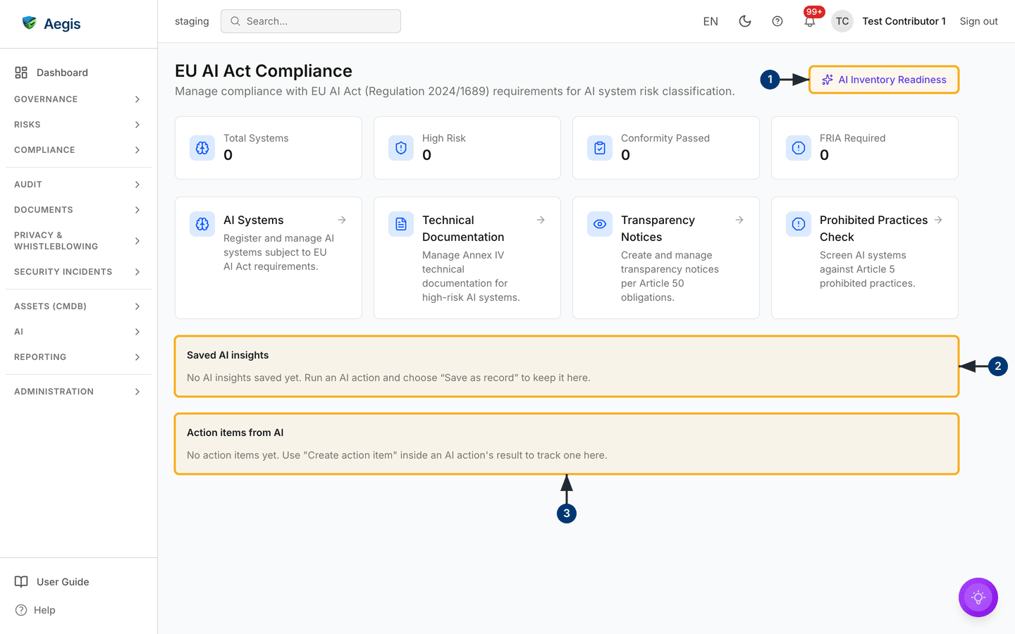 The EU AI Act module home on a tenant with nothing registered yet — /compliance/eu-ai-act.