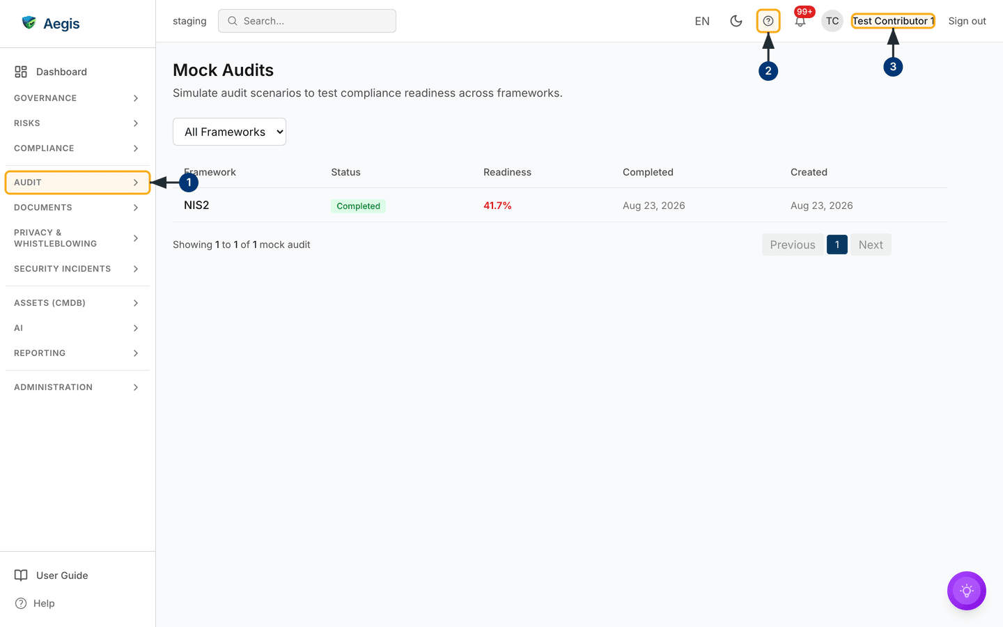 The Mock Audits list as a Contributor: framework filter, five columns, one completed NIS2 run — /compliance/mock-audit.