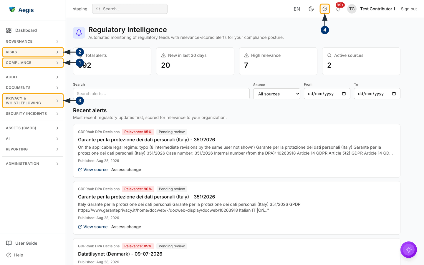 The Regulatory Alerts feed — summary strip, filter row, and most-recent-first alert cards — /compliance/regulatory.