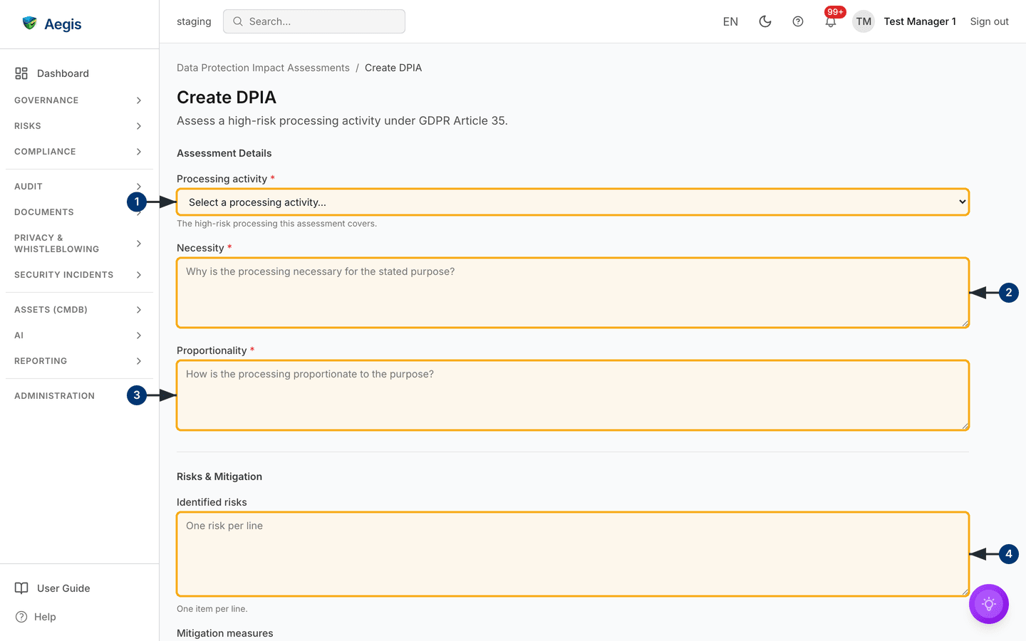 The full-page DPIA creation form — /gdpr/dpia/new.
