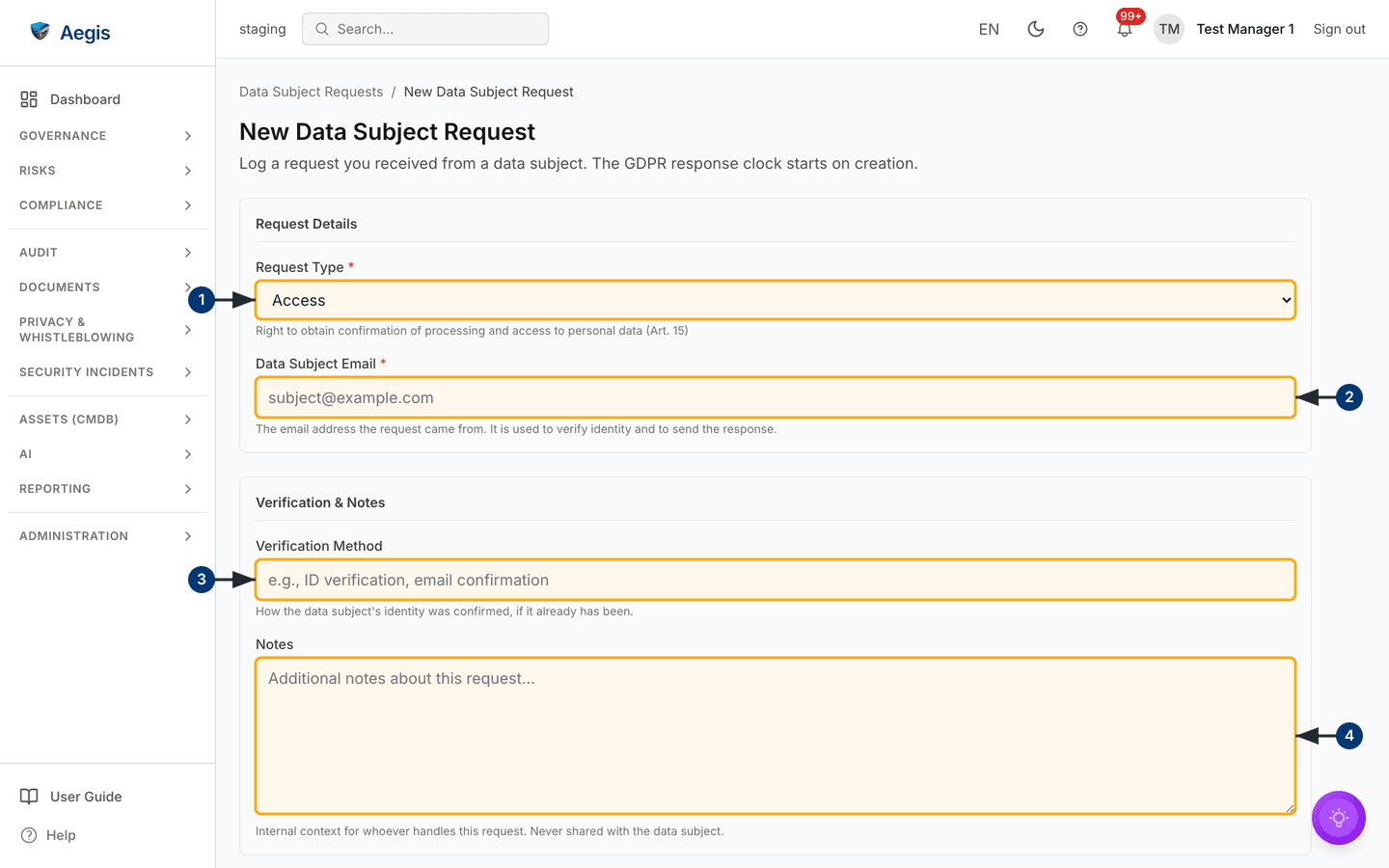 The full-page form for logging a new data subject request — /gdpr/dsr/new.