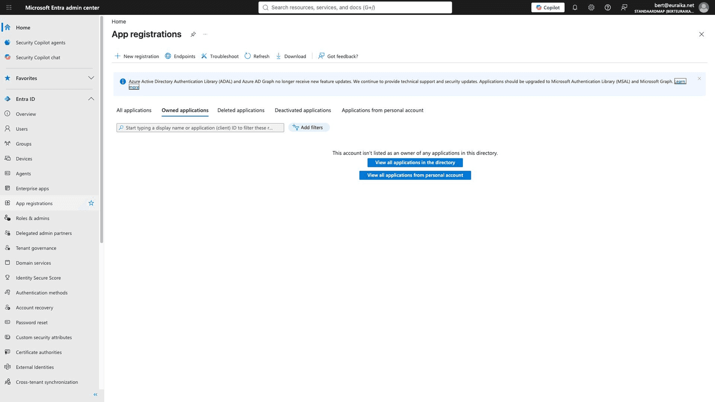 The App registrations blade in the Entra admin centre — New registration starts the setup.