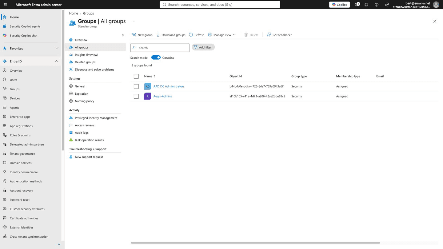 The groups list with the Object Id column — this GUID goes into the Aegis group mapping.