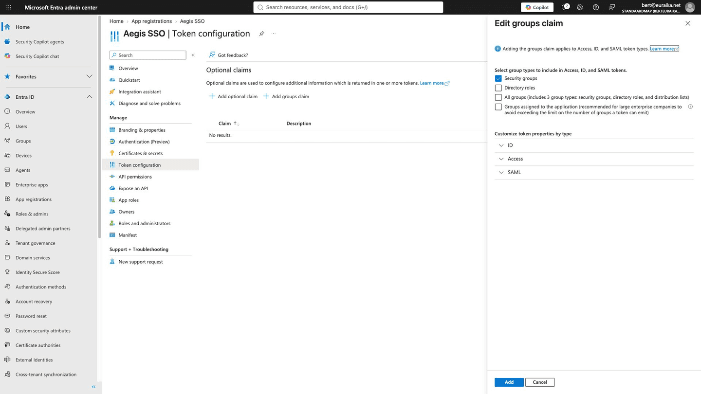 Adding the groups claim: security groups, emitted into the ID token as object IDs.