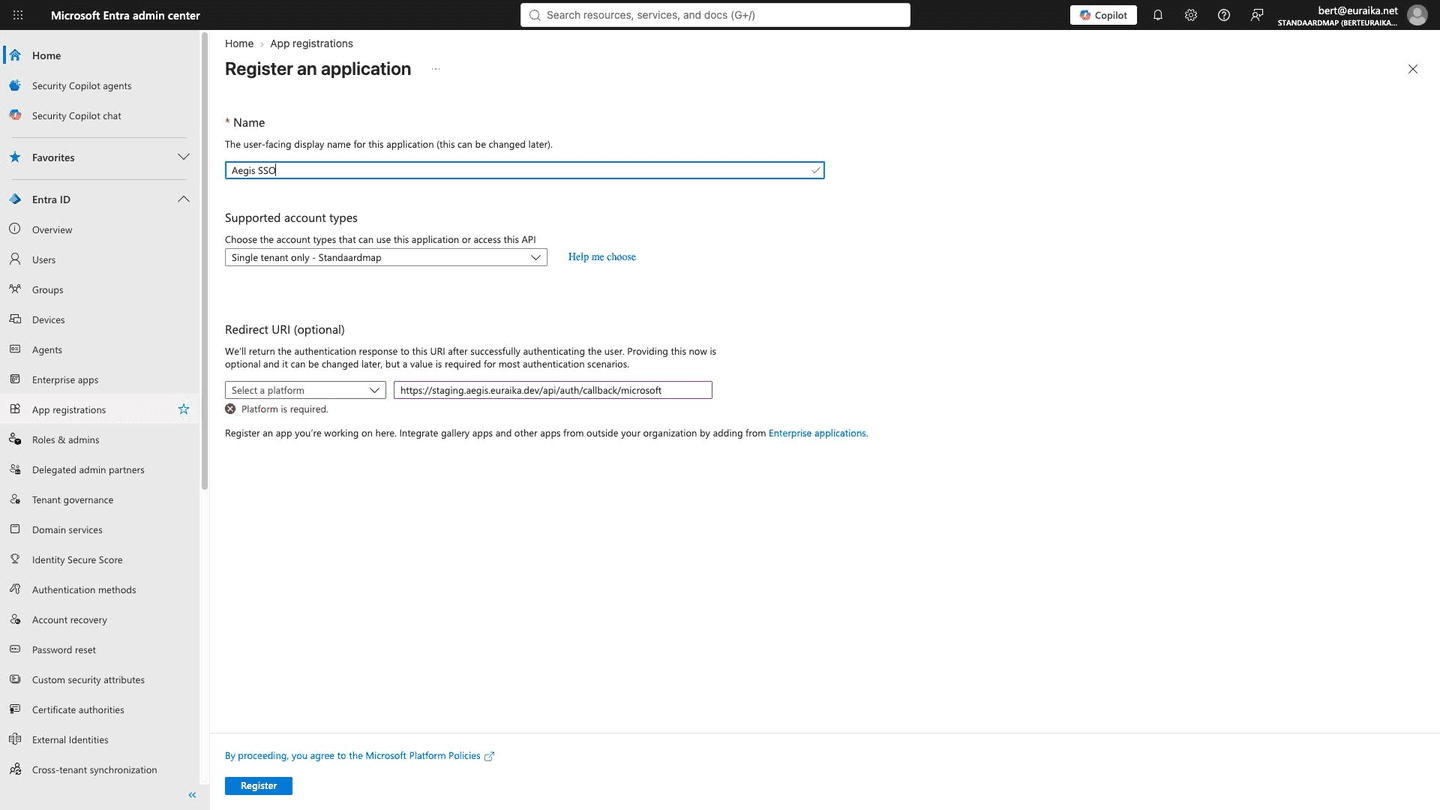 The registration form filled in: single tenant, Web platform, and the Aegis callback URL.