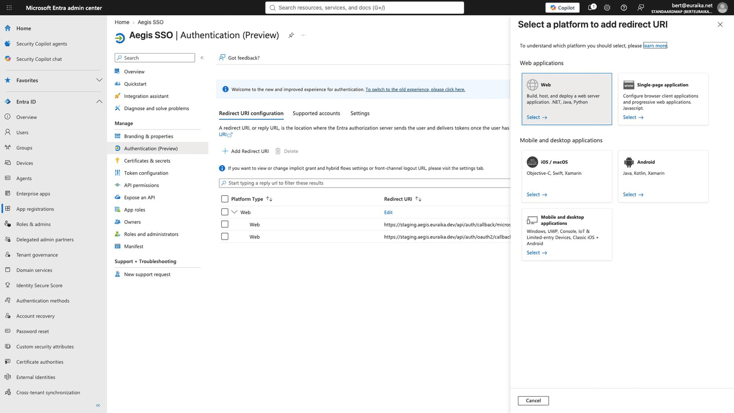 The Authentication page listing the registered redirect URIs — these must match the Aegis dialog exactly.