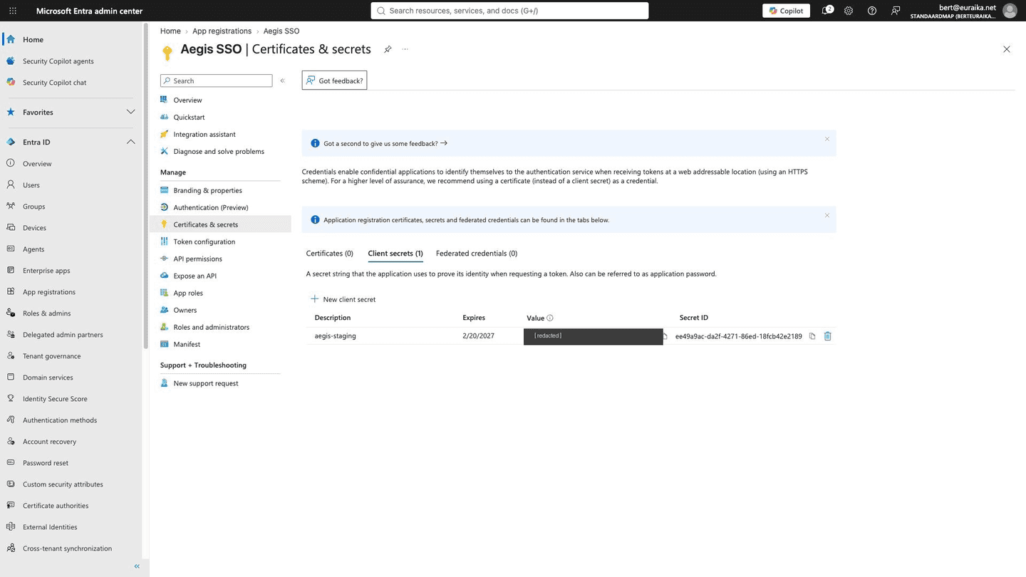 The created secret. Copy the Value column now; it is displayed only once (redacted here).