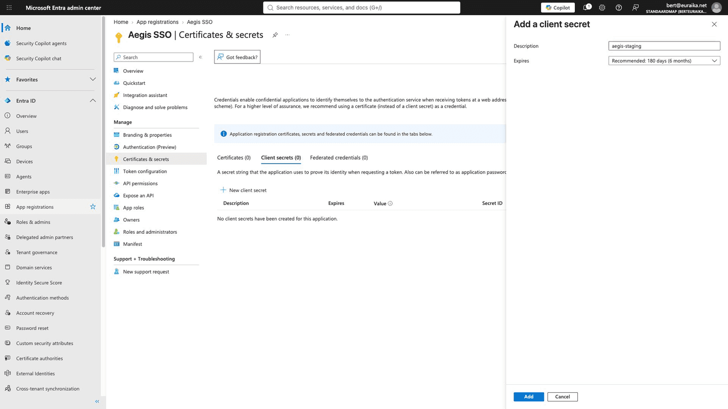 Adding a client secret — description and expiry.