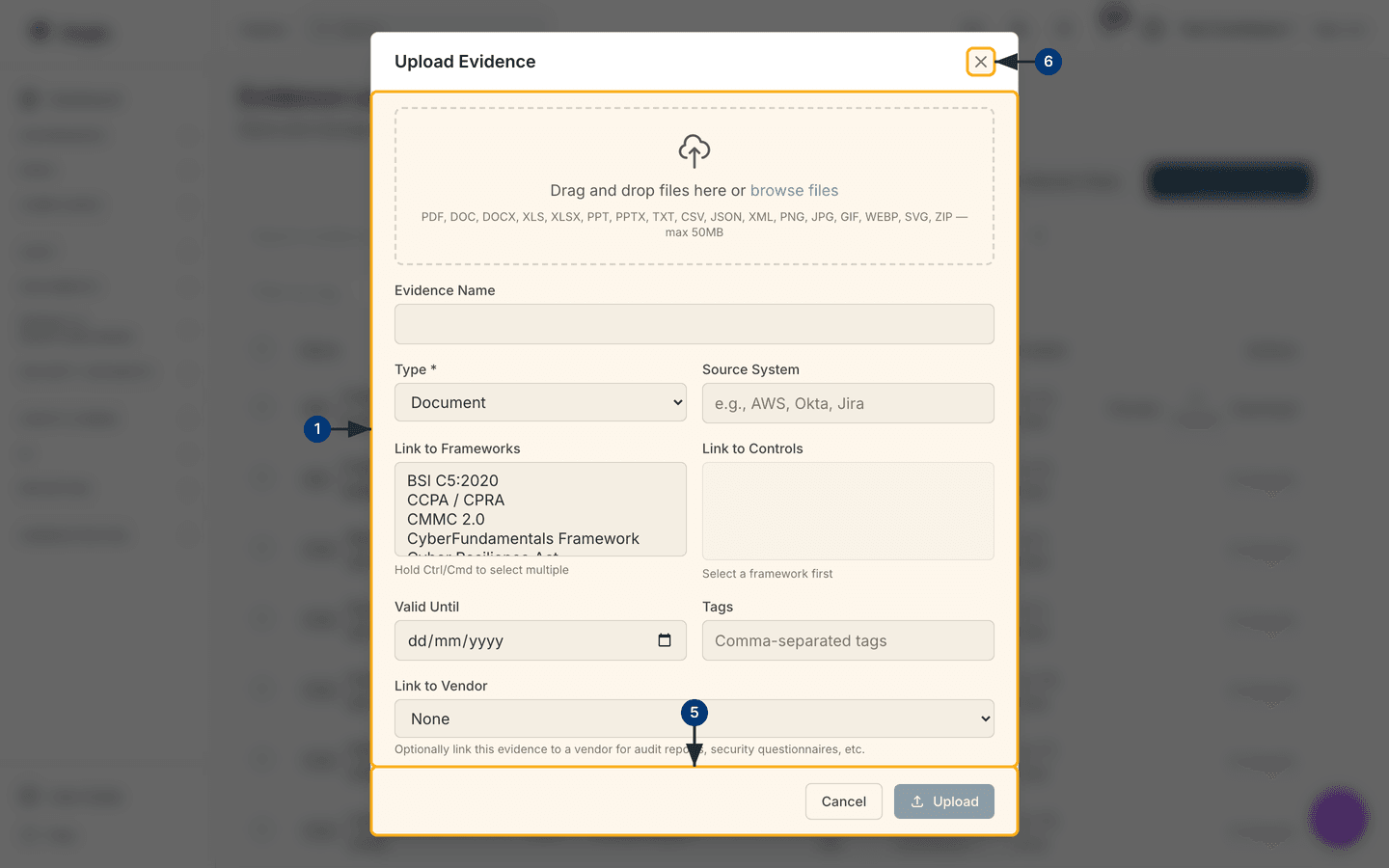 The Upload Evidence dialog, with the drop zone, metadata fields and framework and control pickers — /evidence.
