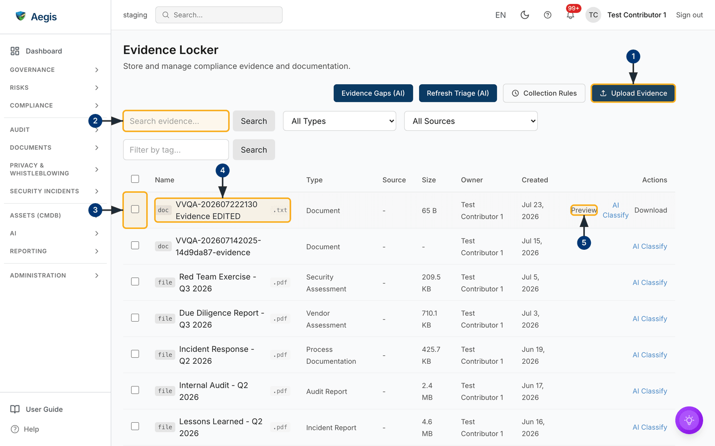 The Evidence Locker list, with the AI actions, filter bar and table — /evidence.