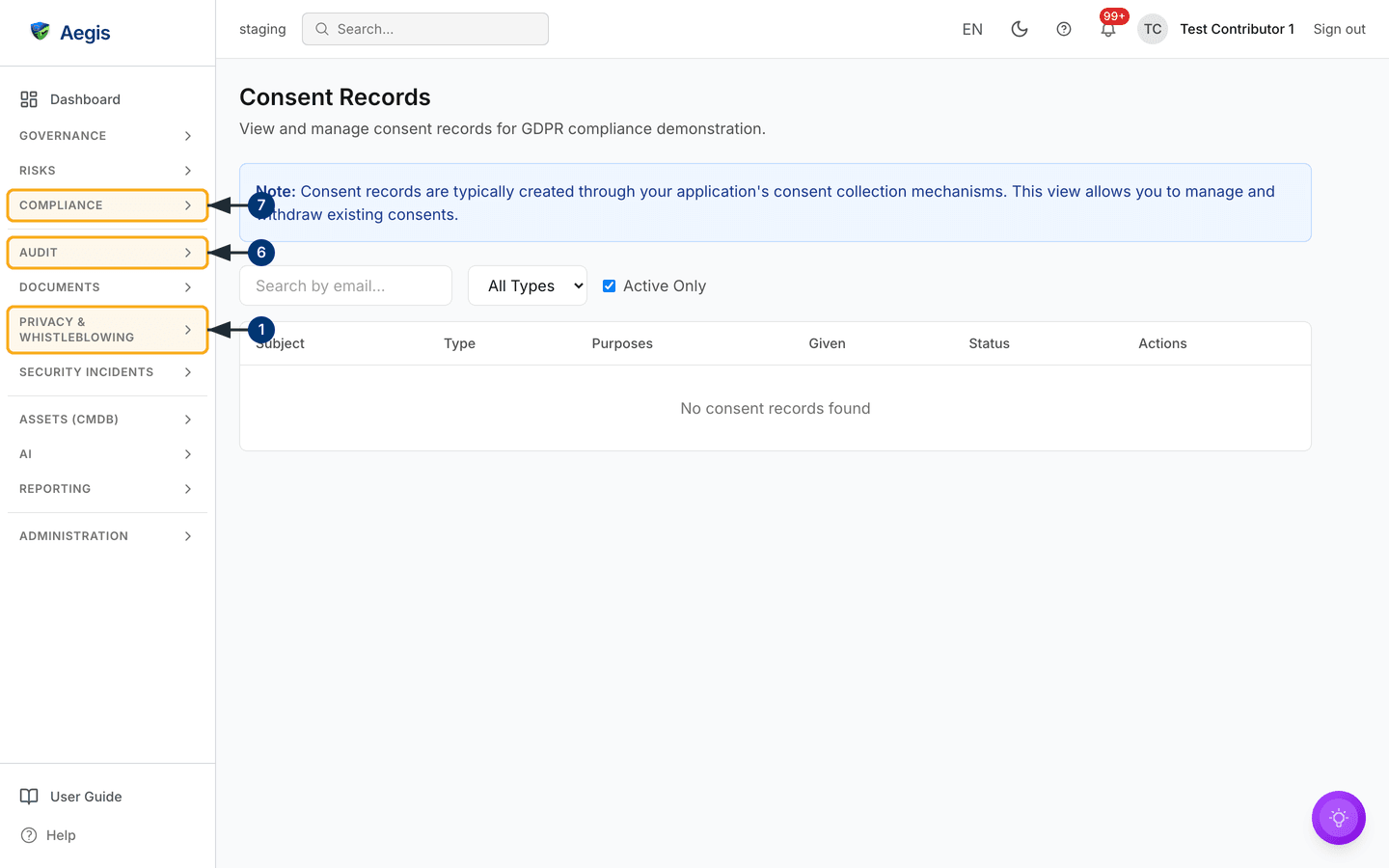 The consent register with its search, type filter and Active Only tickbox, in its empty state — /gdpr/consent.
