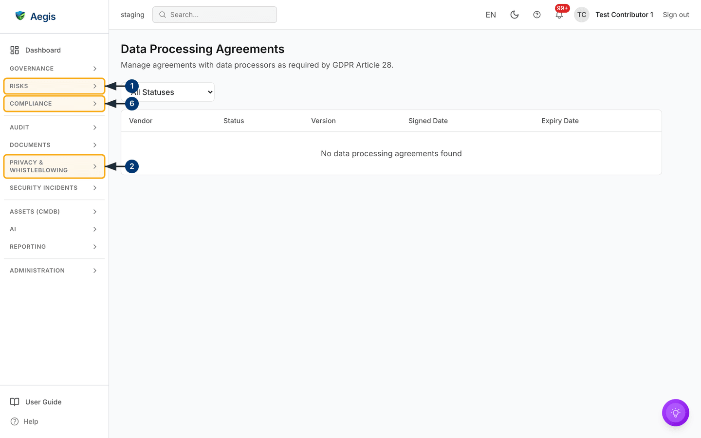 The processor-agreement register in its empty state — /gdpr/dpa.