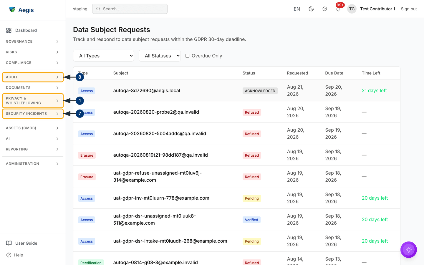 The data subject request queue with its type and status filters and the Time Left countdown — /gdpr/dsr.