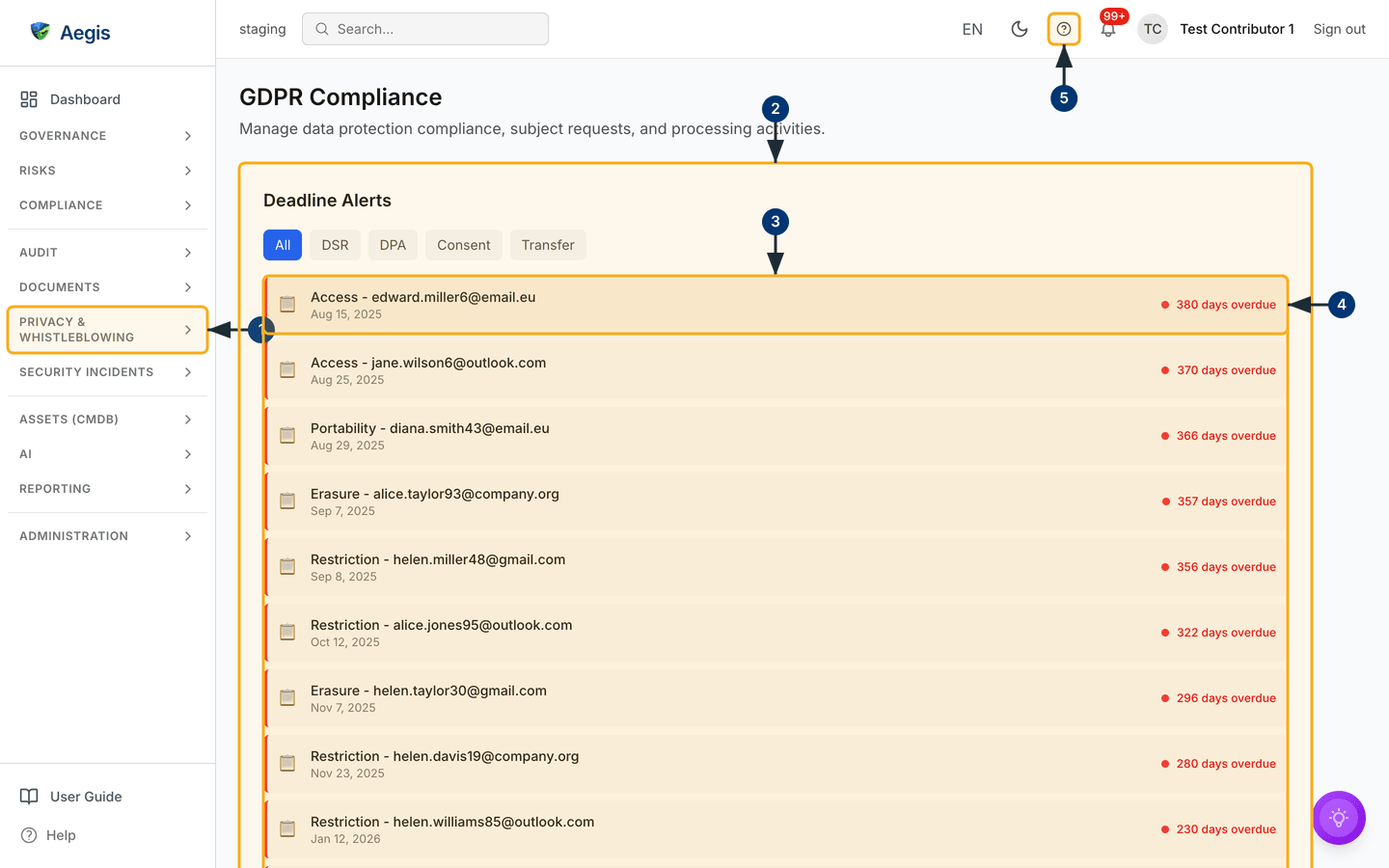 The GDPR Compliance landing page with the Deadline Alerts panel and its filter pills — /gdpr.