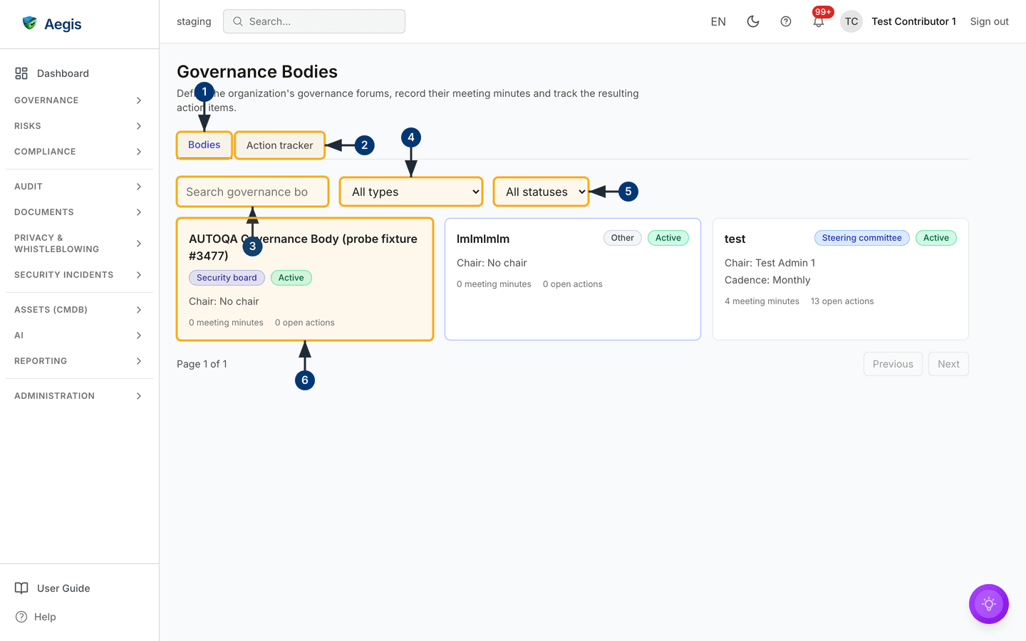 Governance bodies — the Bodies tab, the filter row, and two body cards. /governance-bodies.