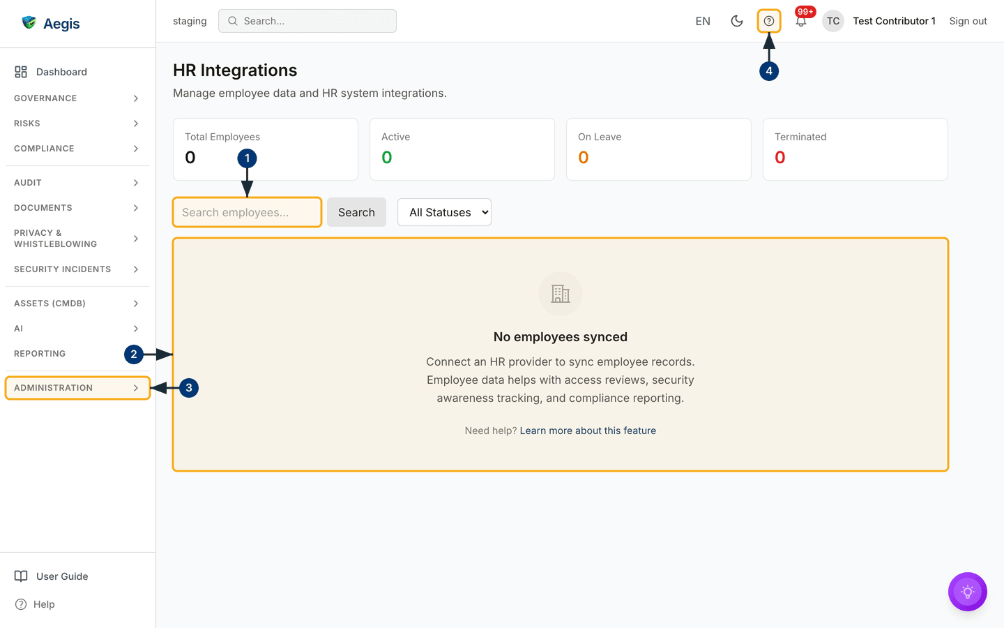 The HR Integrations page before any provider is registered, with all four counters at zero — /hr.