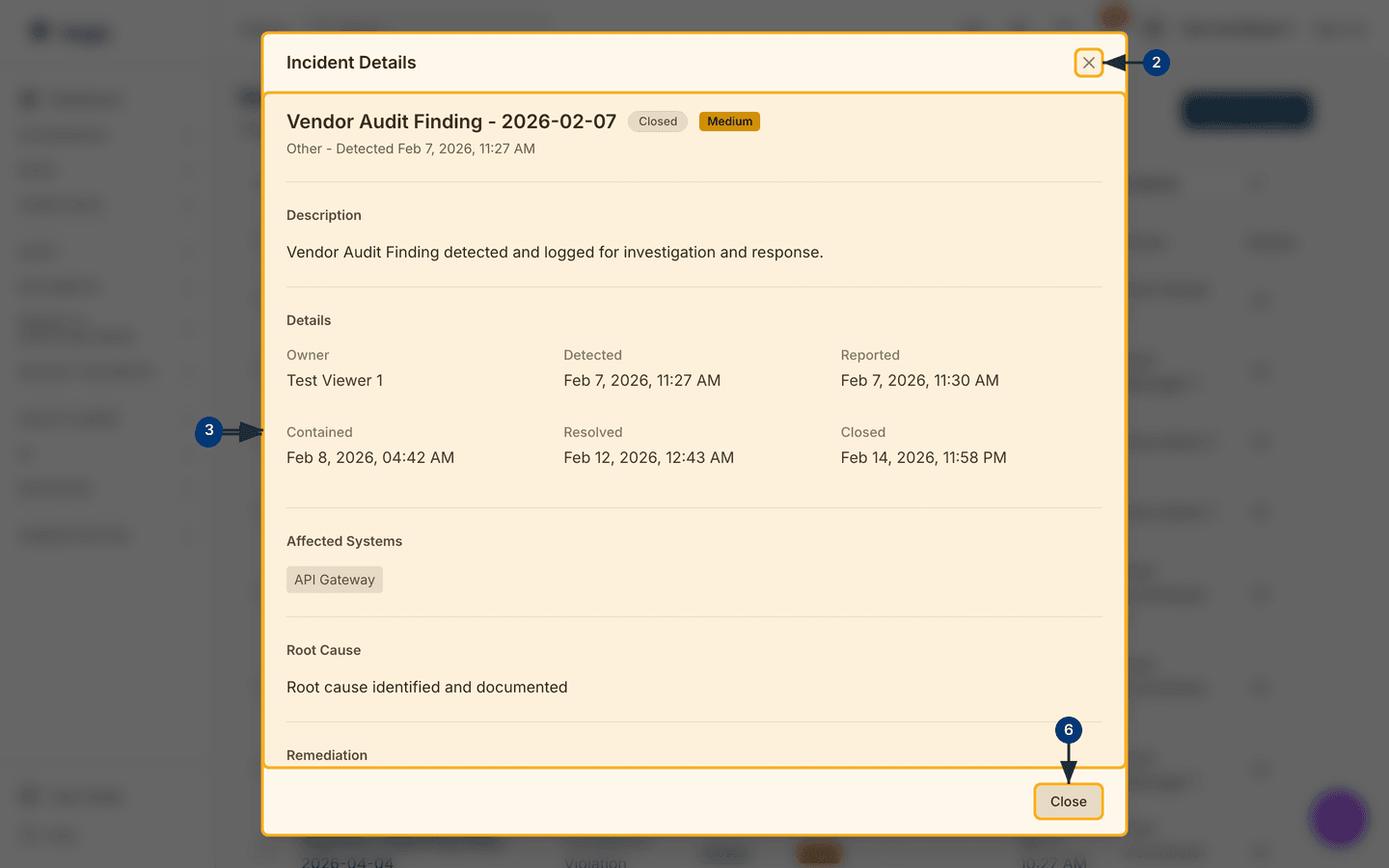 An incident's detail dialog — /incidents.