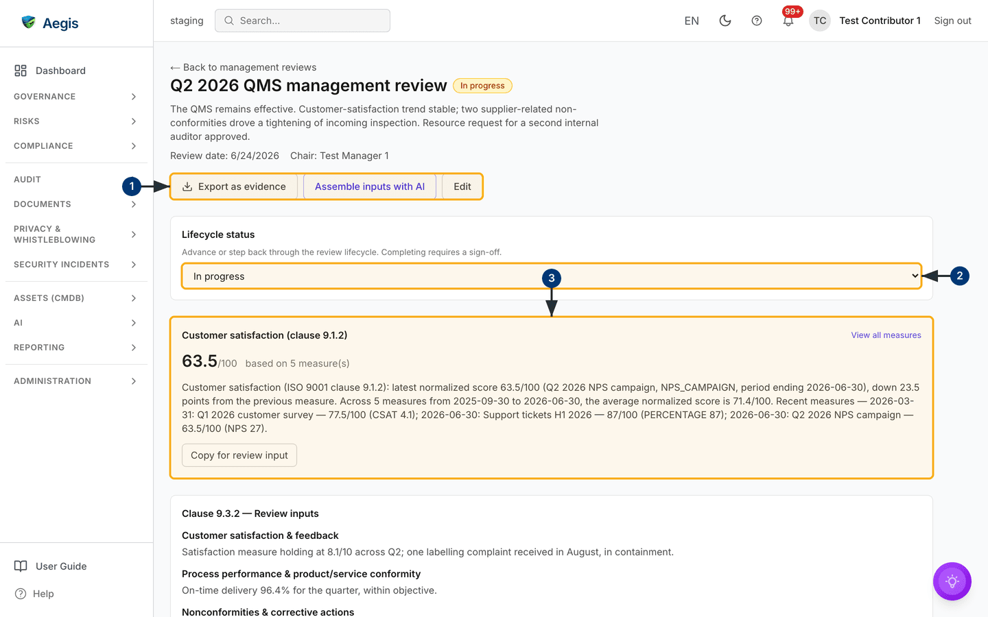 A management review's detail page: inputs, outputs and sign-off — /management-reviews.