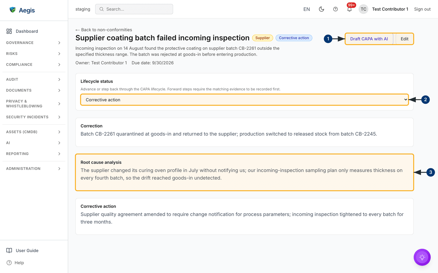 A non-conformity's detail page, with the CAPA lifecycle — /non-conformities.