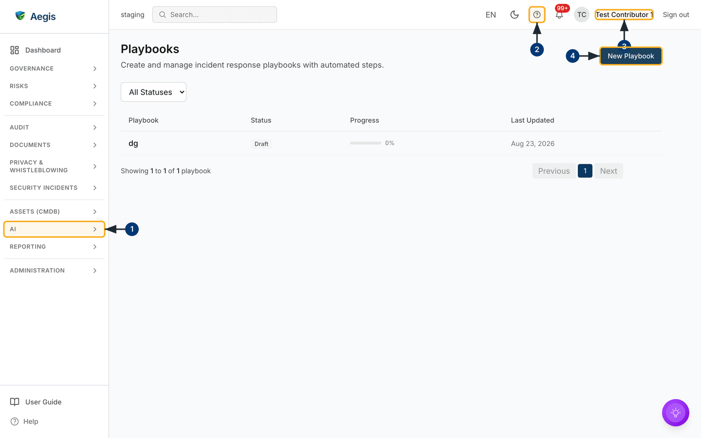 The Playbooks list with one draft playbook — /playbooks.