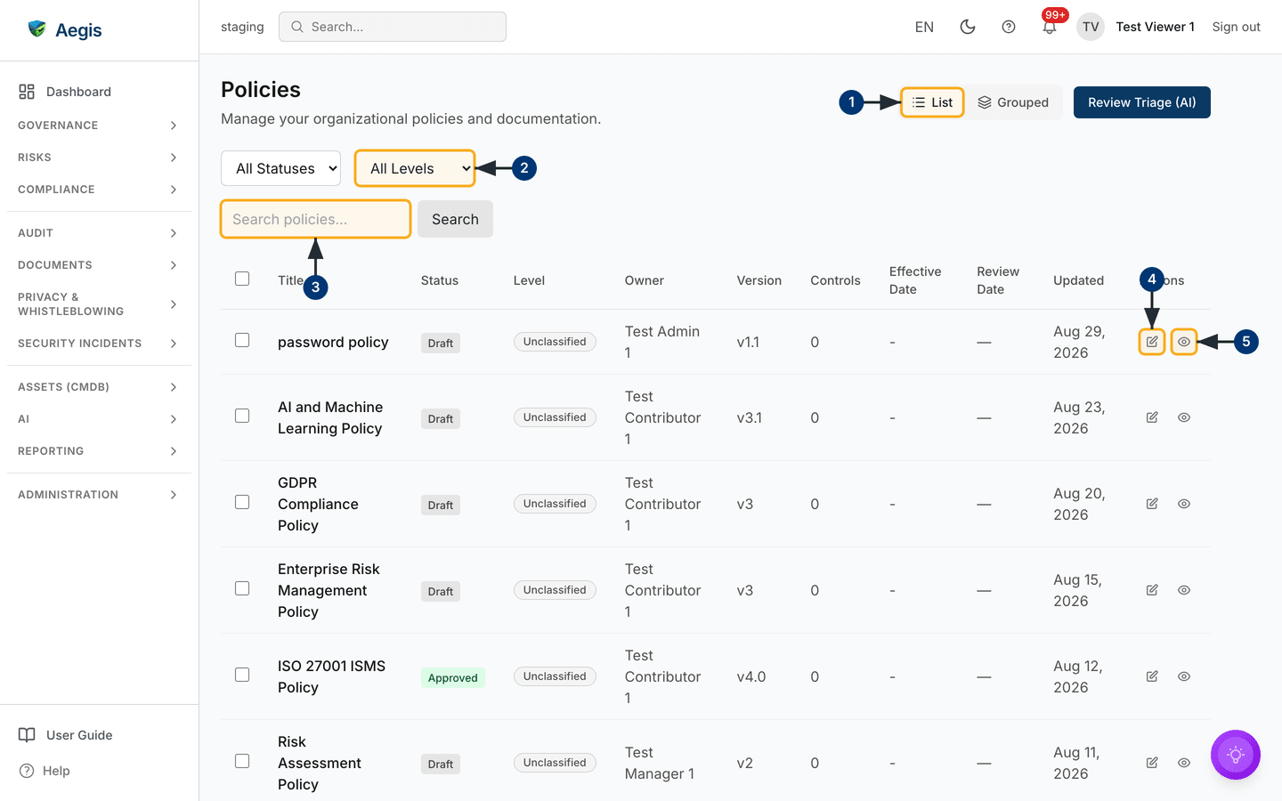 The Policies list as a Viewer — no New Policy button; the eye opens each policy read-only — /policies.