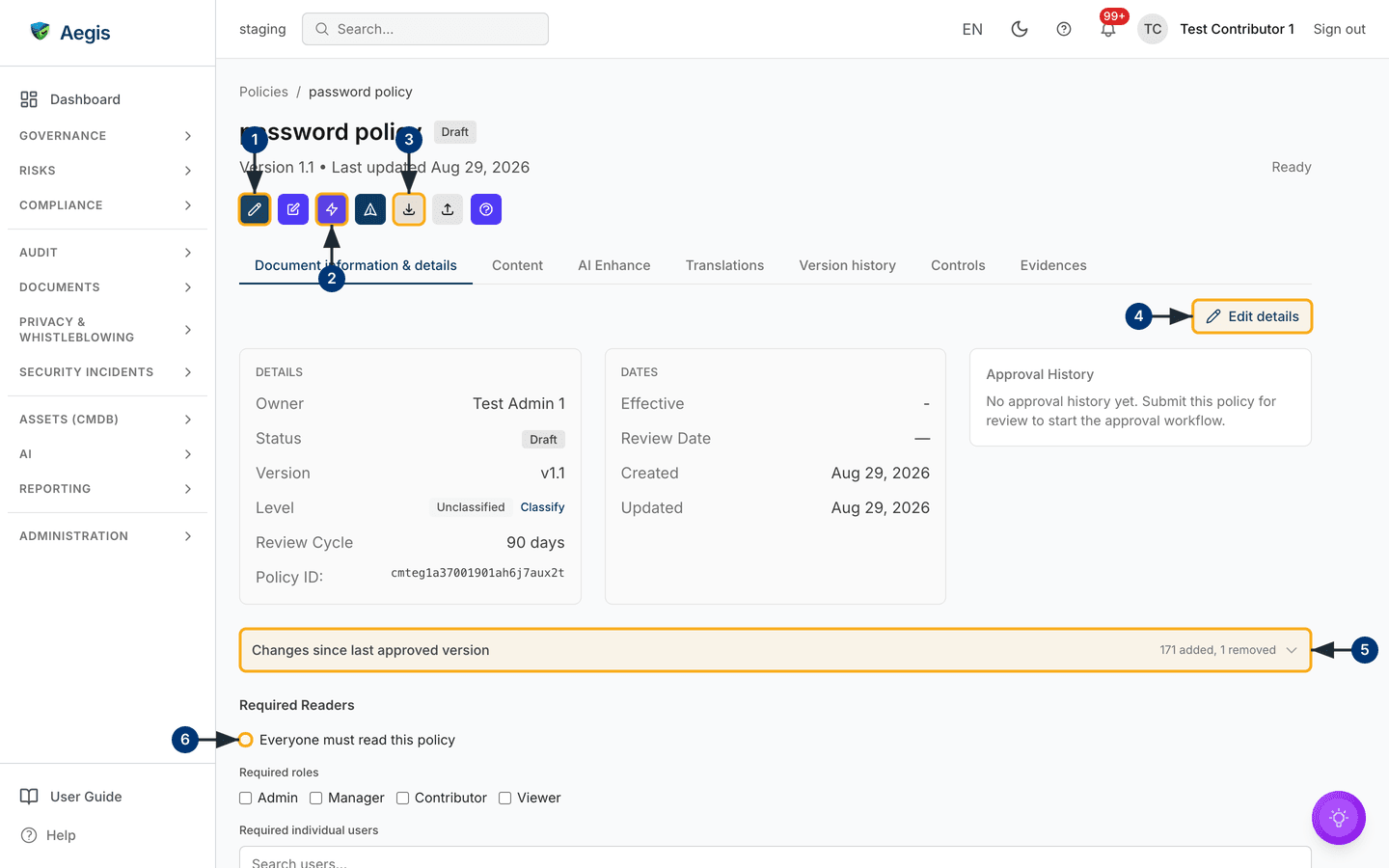A policy's Document information & details tab — /policies/[id].