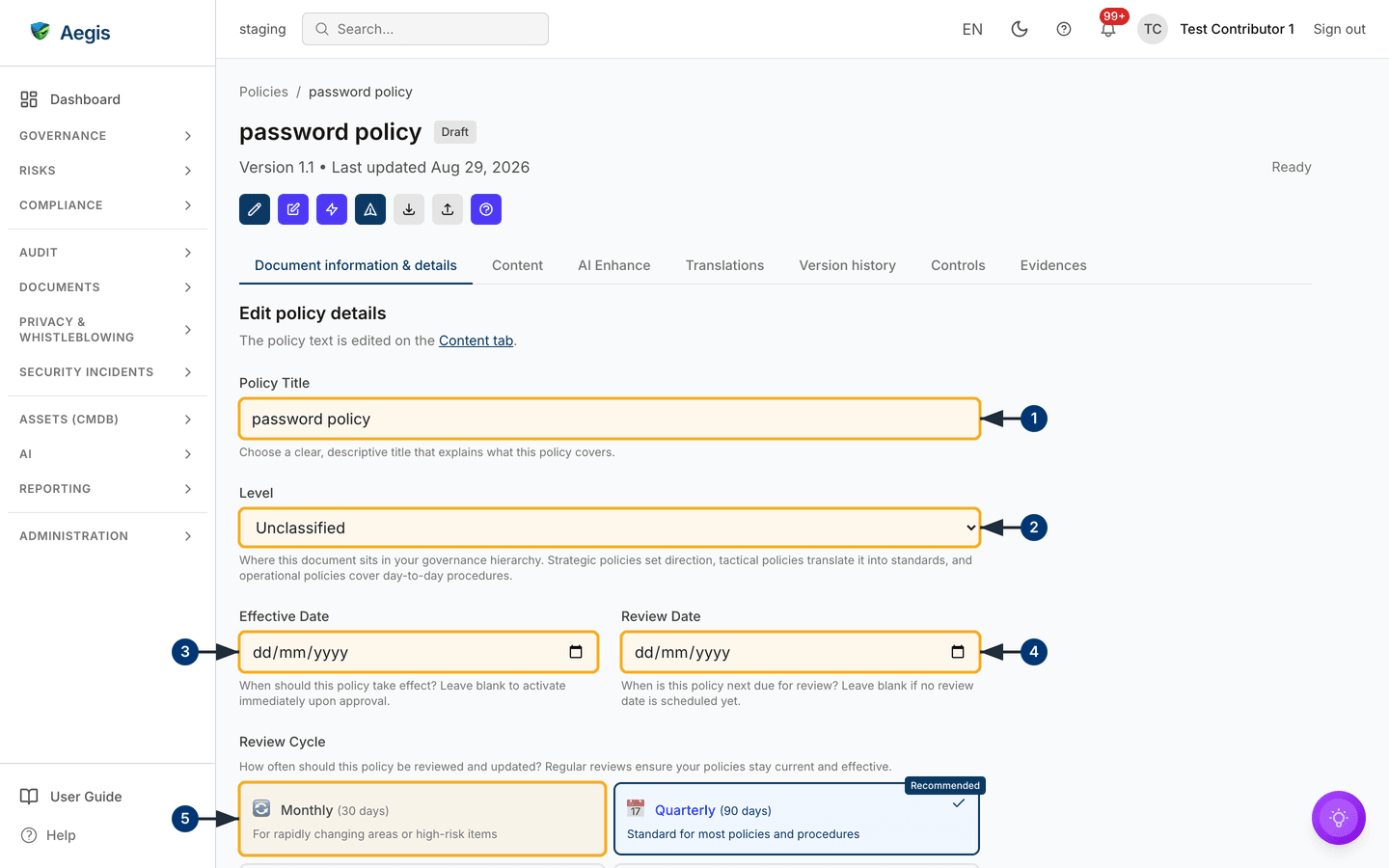 Editing a policy's details in place — /policies/[id]?tab=details&edit=1.