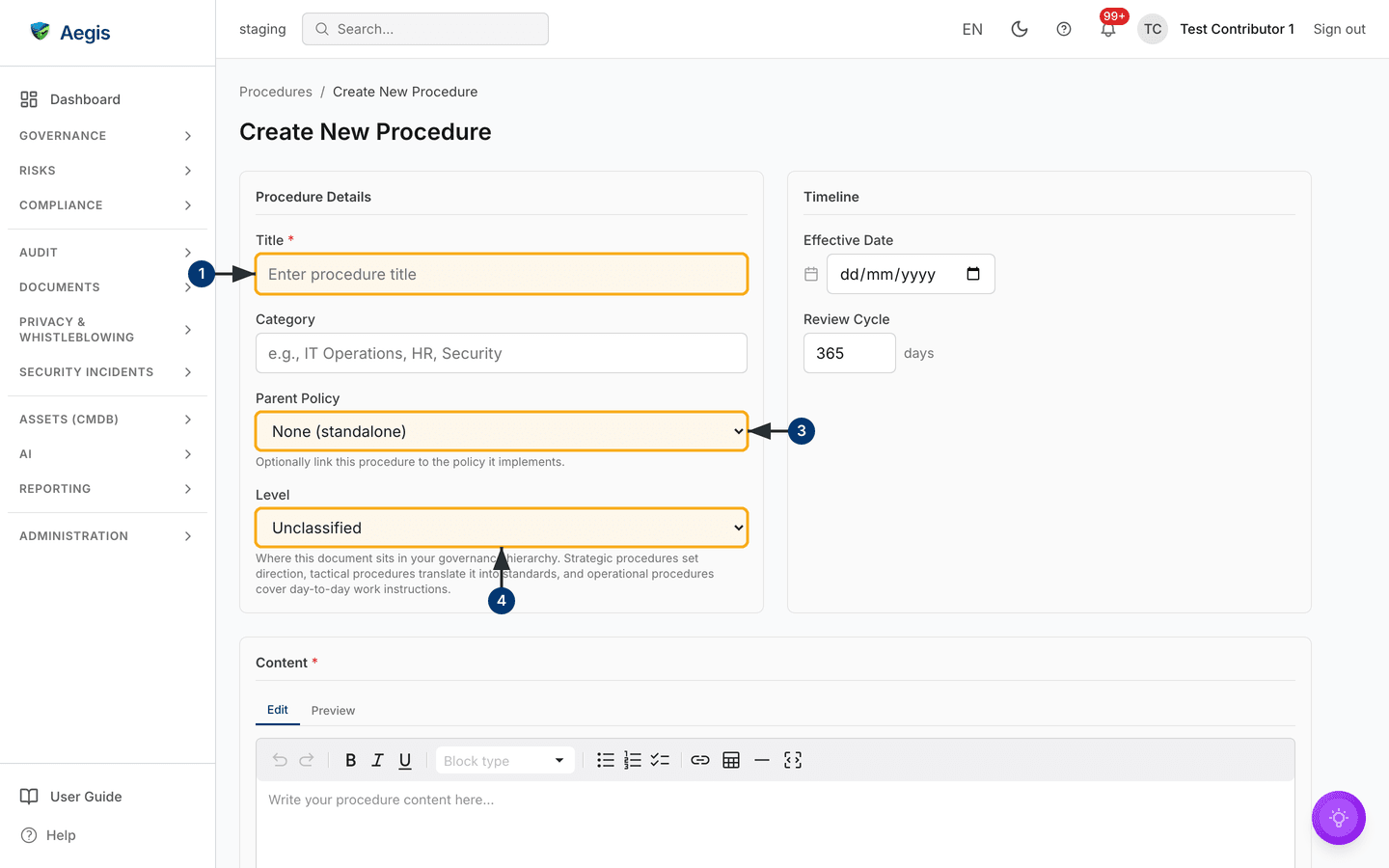 The full-page procedure create form — /procedures/new.