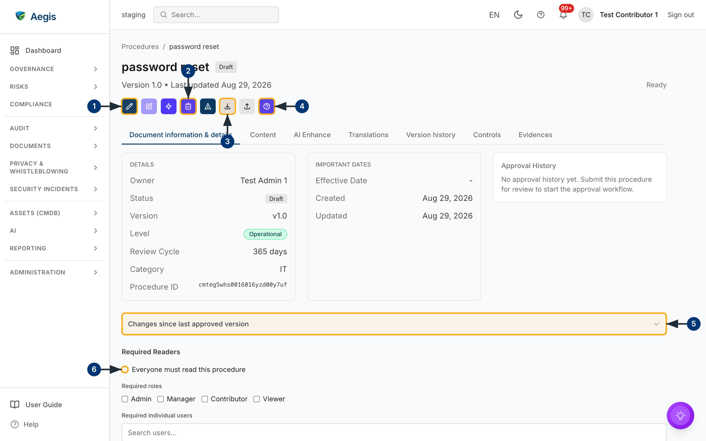 A procedure workspace on its Document information & details tab — /procedures/[id].