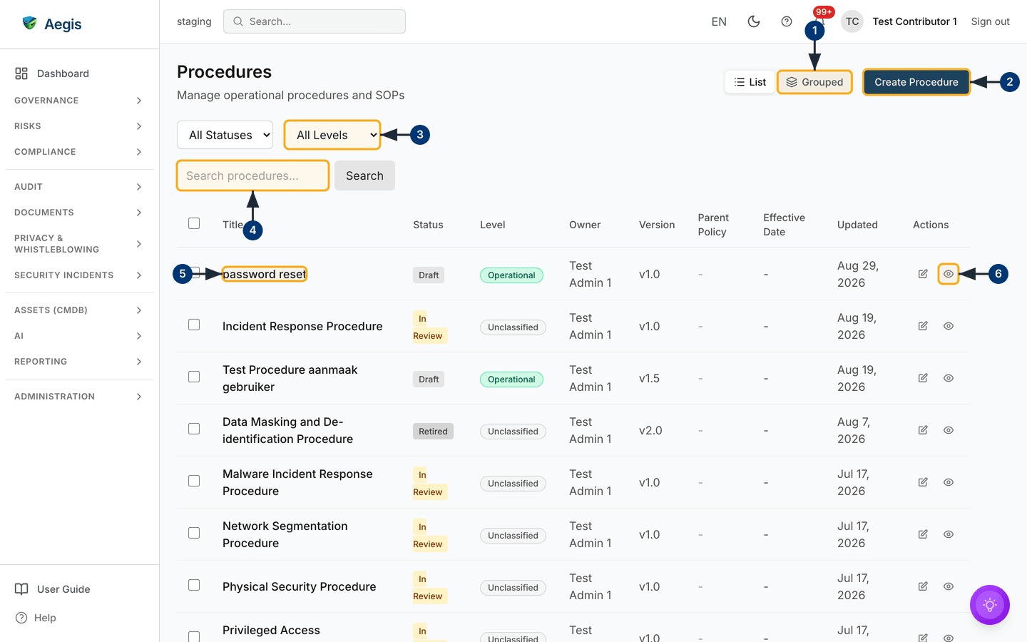 The Procedures register with its view toggle, filters and table — /procedures.